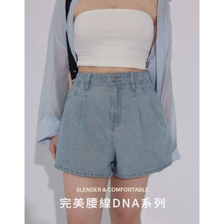 AIR SPACE PLUS 完美腰線DNA打褶收腰輕磅牛仔短褲(深藍/淺藍) 女裝 現貨 大尺碼 中大尺碼