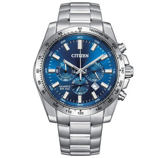 CITIZEN星辰 AN8230-59M Chronograph 紳男三眼計時手錶-銀x藍/44mm