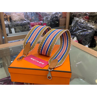☆最愛二手精品☆ HERMES 愛馬仕黃藍粉紅色編織條紋帆布寬版銀釦肩背帶 85cm 50mm Kelly C6010