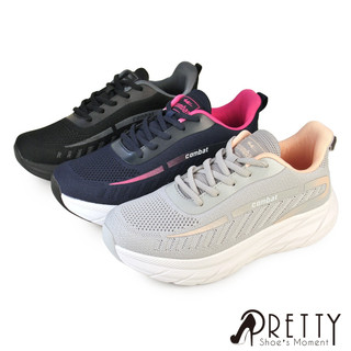 【Pretty】女 休閒鞋 運動鞋 健走鞋 厚底 綁帶 飛織 透氣N-22326