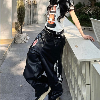 FitLab丨baggy美式街頭重磅 亞比風皮褲女 拼接雙腰假兩件闊腿長褲 寬鬆潮流 個性休閒長褲