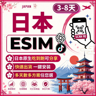 世界之網🌐日本eSIM喫到飽可分享 3-8天 24小時內出貨 日本全區 5G高速上網 原生網路 免插卡 虛擬日本上網絡卡