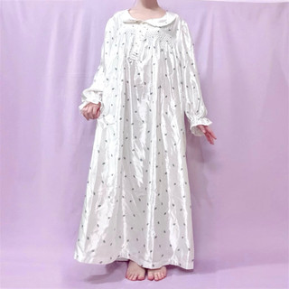 {美國古著} Hampton Intimates 藍色小碎花公主風蓬蓬袖緞面長睡裙 🐰