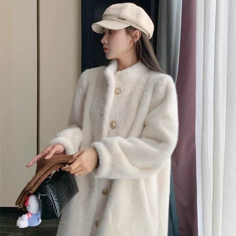 冬季新款羊羔毛外套女 仿皮草毛毛外套 時尚立領加厚寬鬆中長款大衣 毛毛大衣 仿皮草外套 毛毛外套 冬天外套 環保皮草大衣