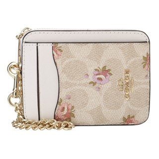 COACH-小碎花皮革直式方盒鍊帶卡夾零錢包(卡其x白)