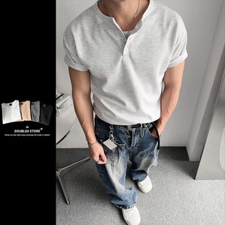 【DOUBLE4】韓國 亨利領 合身短袖 短版 顯壯 Clean Fit 挺版 超彈力 韓系 休閒 2601