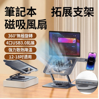 🛒隔日達🔥「六代升級&電腦手機支架」🔥筆記本拓展支架 磁吸電腦散熱 磁吸手機支架 四口USB3.0拓展 360°無極旋轉
