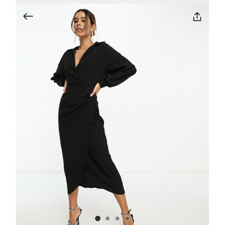 ASOS design 黑色紋理感翻領裹身中長洋裝