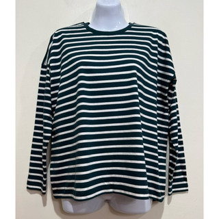 Uniqlo 百貨專櫃 條紋 棉質 長袖上衣，大方保暖，綠白條紋大S號，M～L號適穿，99成新零碼商品