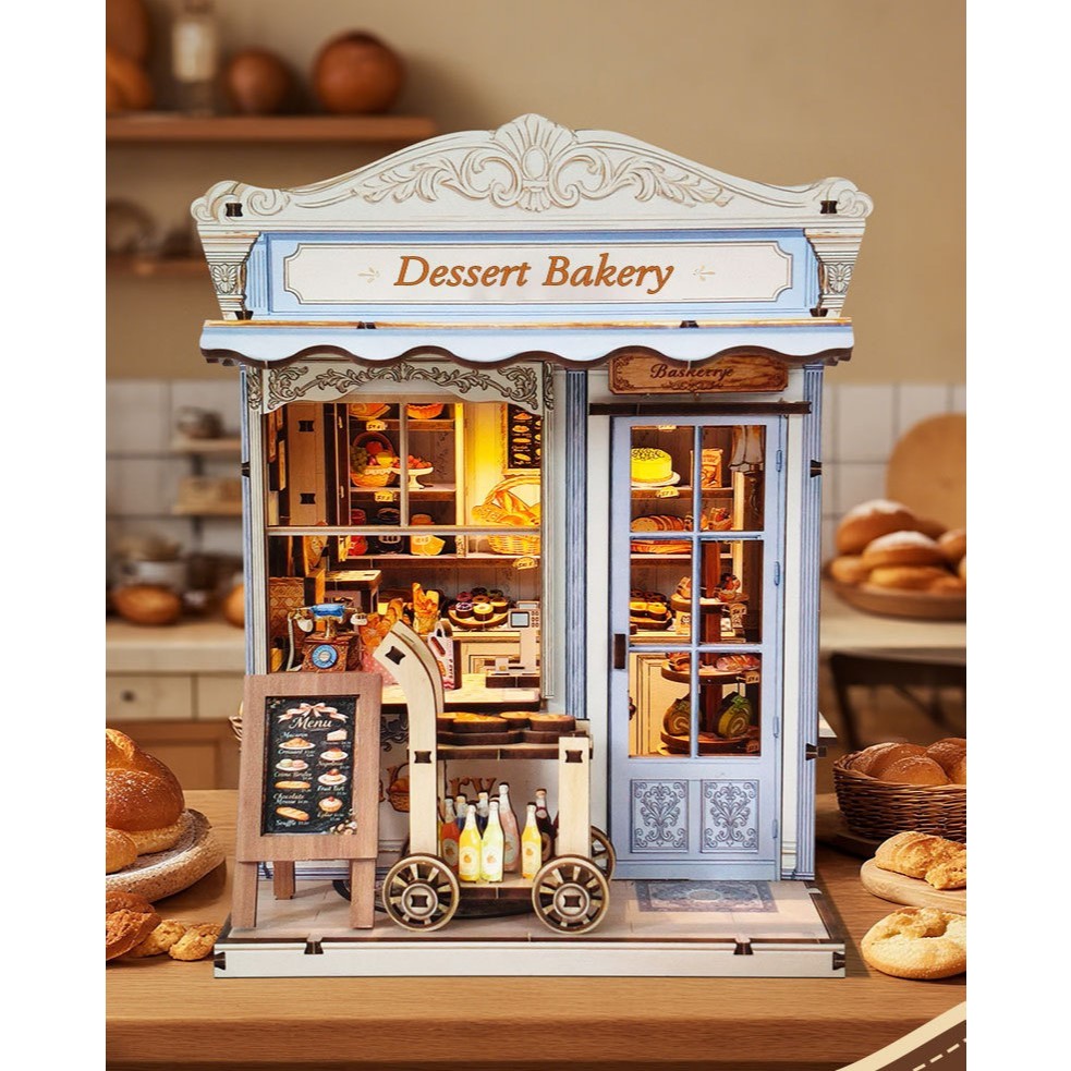 【Dessert Bakery 甜點麵包店】木質DIY立體拼圖模型｜雷射切割｜榫卯結構｜LED觸控氛圍燈｜附精緻配件