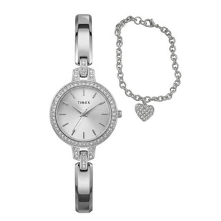 【TIMEX】天美時 Aveline 28毫米 心型手鍊 腕錶 禮物套裝(銀 TXTWG067700)