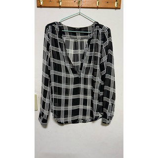 NET Collection 透膚黑白格紋襯衫 透膚襯衫 雪紡襯衫