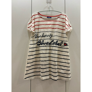近全新～日本專櫃購入BURBERRY BLUE LABEL 長版條紋傘狀 短袖上衣 T恤 兩側有口袋 size：36