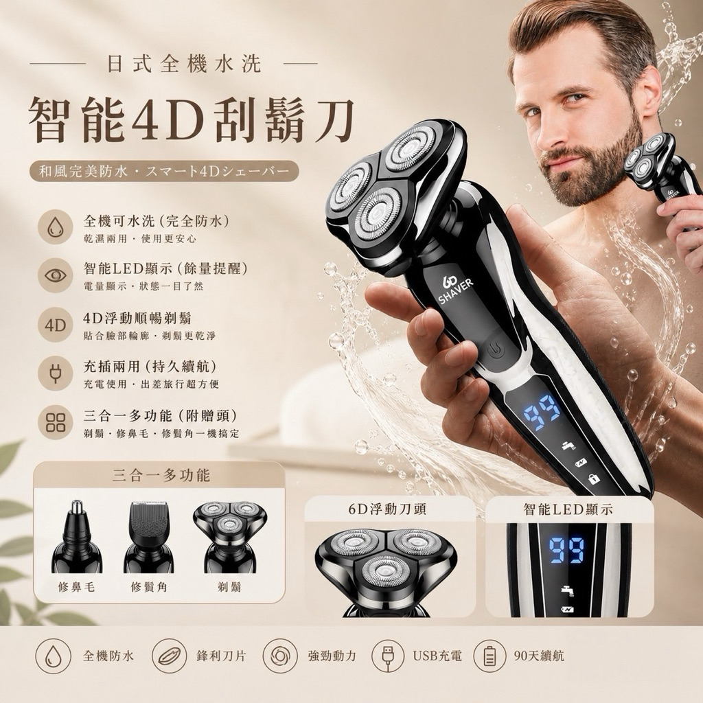 液晶數顯刮鬍刀【呆森選物】全機水洗 鼻毛剃鬚 三合一電動刮鬍刀 剃鬚刀 三合一刮鬍刀 父親節 父親節禮物 禮物 交換禮物