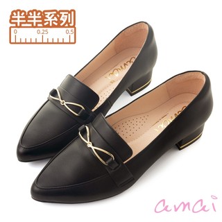 amai 優雅氣質金屬蝴蝶結尖頭真皮低跟樂福鞋 跟鞋 上班鞋 台灣製 低跟 氣質 真皮 大尺碼 黑色 J14-29BK