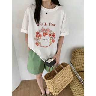 【CHILL】現貨 甜美多巴胺！草莓蝴蝶結花圈Tee 韓系慵懶 印花T恤 純棉短T 顯瘦短袖 寬鬆T恤 百搭