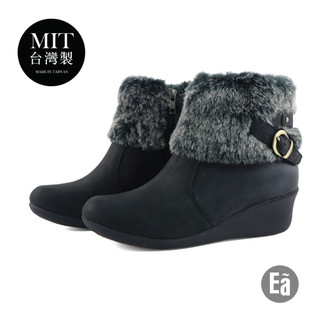 Ea專櫃女鞋 台灣製MIT 羊反絨 毛毛 保暖雪靴楔型厚底短靴 (黑)4731