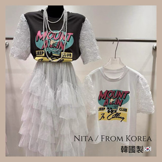 Nita✈️韓國帶回 字母印花立體花朵蕾絲拼接短袖T恤女
