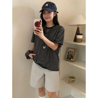 【CHILL】現貨 韓系拼色圓領細條紋短Tee｜附髮圈 韓系慵懶 顯瘦落肩 五分袖老爹T 條紋T恤 美式復古 撞色圓領