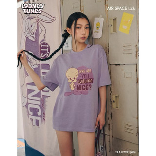 AIR SPACE LADY 古著風印花圓領短袖水洗寬版TEE(紫M)
