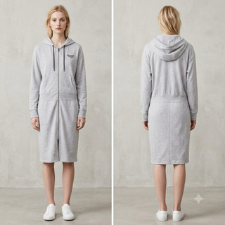 美國【DKNY】淺灰色連帽拉鍊袋鼠口袋洋裝L