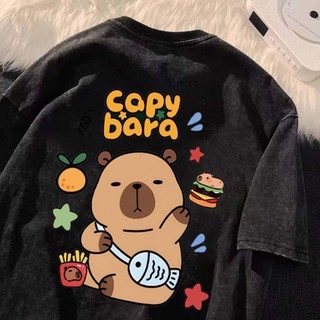 【Daiwing】Capybara水洗黑T恤 時尚潮流 短袖 小眾上衣 水洗做舊T恤 vintage上衣 純棉短袖