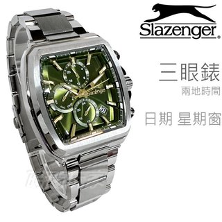 公司貨 附發票 Slazenger 史萊辛格 SL-2650流金綠 酒樽型 不鏽鋼 三眼錶 男錶 日期【時間玩家】