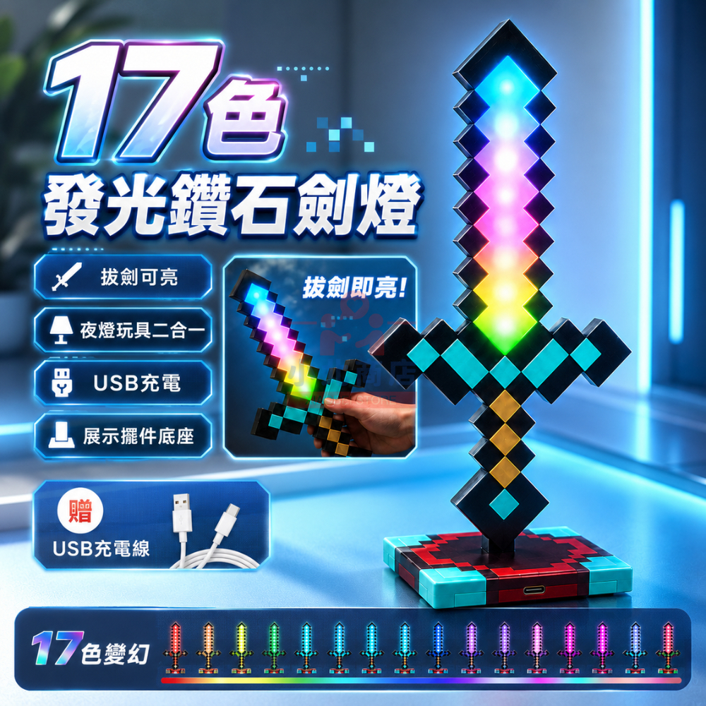 ✨現貨隔日達 可充電✨MC變色鑽石劍 17色發光鑽石劍燈 鑽石變色劍小夜燈 像素風鑽石變色劍小夜燈 趣味擺件桌搭夜燈