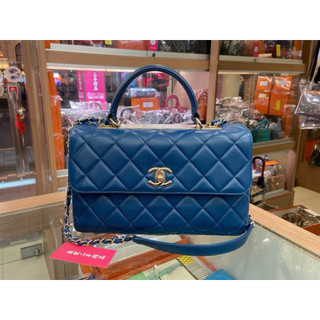 ☆最愛二手精品☆ CHANEL TRENDY CC 藍色羊皮上方金牌手提斜背包 A69923 handle C5521