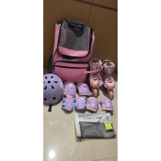 OXELO護具3 件組淡紫色+SUCCESS成功直排輪紫色+直排輪拉桿包+OXELO安全帽淡紫色～二手