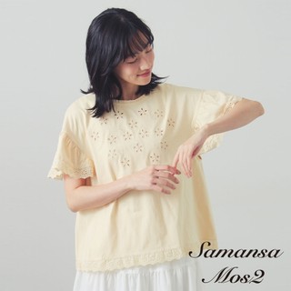 Samansa Mos2 鏤空小花刺繡蕾絲邊短袖上衣(0F002267510)
