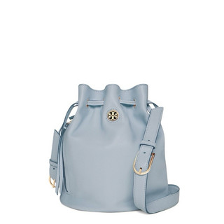 Tory Burch Brody 系列的真皮抽繩水桶包-水藍色