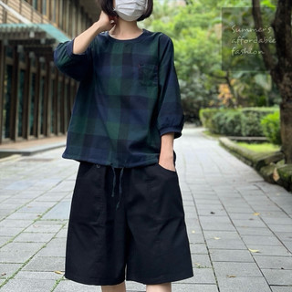 【Summer's 平價時尚】經典格棉麻七分衫/ 秋裝 格紋 方格 日系 七分T恤 圓領T恤 現貨
