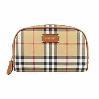 BURBERRY經典格紋燙金LOGO塗層帆布小牛皮飾邊拉鍊收納化妝包(小/經典米)