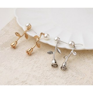 {Luna Jewelry🥰日常的微光} 垂墜玫瑰耳環 防敏鋼針 法式珍珠飾品 韓款耳環 抗過敏耳環 純鋼飾品 鋼針耳環