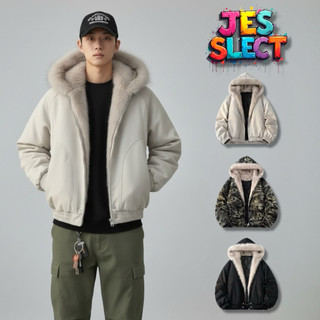 【JES】厚磅 內鋪棉 座山雕 毛領 連帽外套 美式 迷彩 素面 Boxy 短版 Cleanfit 街頭 潮流 外套