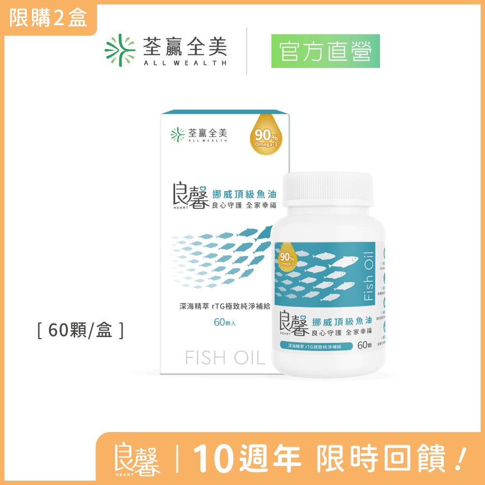 【荃贏全美】良馨挪威頂級魚油(60顆/盒) | 專利挪威魚油 Omega-3 90%以上 | 高濃度 rTG型態