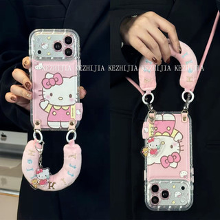 卡通 粉色 kitty 腕帶 掛繩 背帶 皮紋 適用iPhone17 16 15 14 Pro Max 13手機殼 全包
