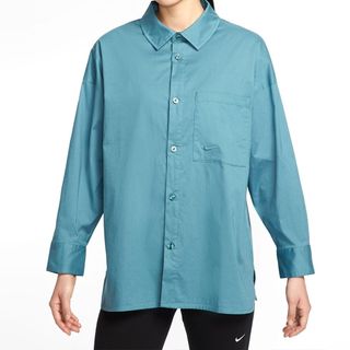 NIKE 長袖襯衫 灰藍 寬鬆 AS W NSW NK CHLL PPLN LS BTN T 女 HJ0716-006