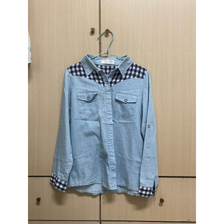 ［二手］TOKYO FASHION 牛仔拼接格紋長袖襯衫
