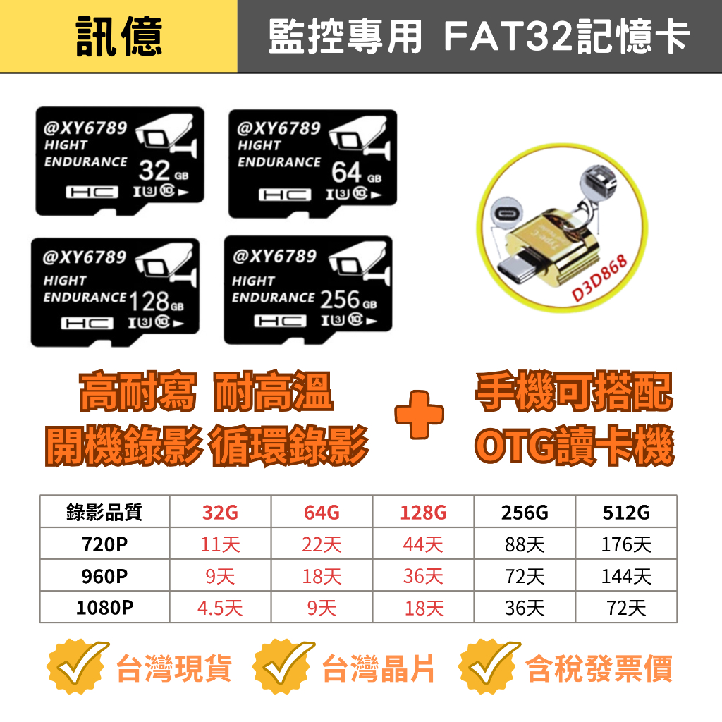 訊億👍台灣製造 高耐寫監控卡TF  FAT32行車紀錄器攝影機 監控專用記憶卡SD 32G 64G 128G 256G