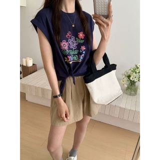 【CHILL】現貨 彩色手繪感花卉側綁結Tee 韓式穿搭 美式復古 短版T恤 印花T 夏季新品 百搭上衣