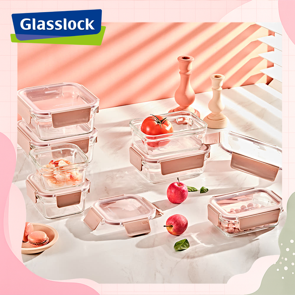 Glasslock 強化玻璃微波保鮮盒 櫻花粉晶透款– 4入組(櫻花粉／丁香紫)／適用微波、烤箱 【超取限買一組】