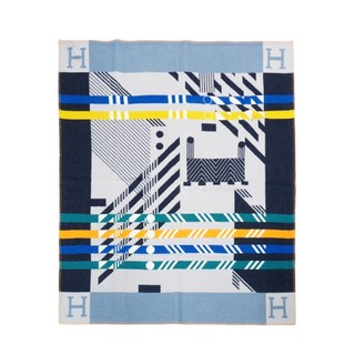 Hermes 展示品 Avalon JumpH 緹花羊毛混紡雙面薄毛毯(黑/灰/淡藍)