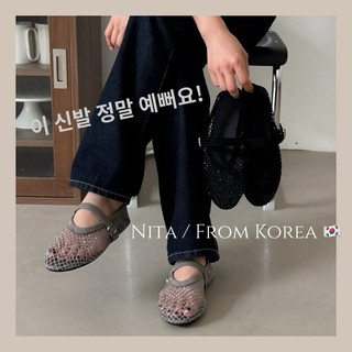 Nita🇰🇷韓國帶回碎鑽漁網鞋 真皮瑪麗珍鞋女水鑽平底透氣編織網面鞋涼鞋