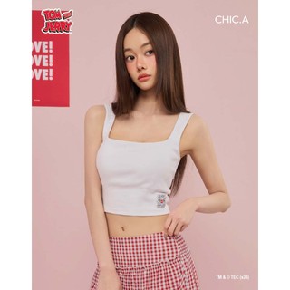 CHIC A SPACE 【湯姆貓與傑利鼠】 貼布繡後鏤空愛心方領寬肩帶BRA背心(白/紅) 女裝 現貨