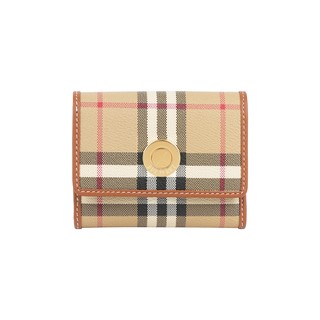 BURBERRY 經典格紋及牛皮三折短夾(經典米色)