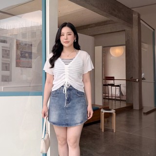 SEOUL MATE 兩件式抽繩罩衫條紋綁帶背心造型套組(2606027)現貨 中大尺碼 大尺碼