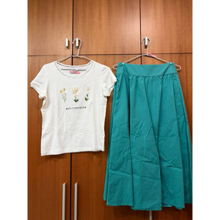 （二件合售優惠價）👗 iROO｜優雅花卉刺繡短袖T恤 + 湖水綠優雅傘擺長裙（兩件式合售）｜適合36號/S號