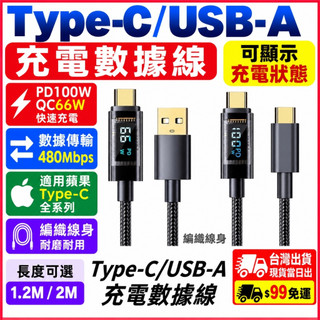 台灣現貨當日出 可顯示充電狀態 Type-C USB-A 適用I15 100W QC快充 66W 充電線 傳輸 mac